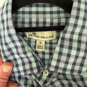 Peter Millar Button Down Medium Navy Green Check Plaid Performance Stretch